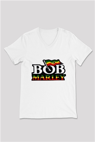 Bob Marley Beyaz Unisex V Yaka Tişört T-Shirt