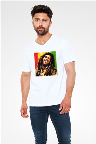 Bob Marley Beyaz Unisex V Yaka Tişört T-Shirt