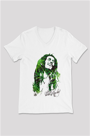 Bob Marley Beyaz Unisex V Yaka Tişört T-Shirt