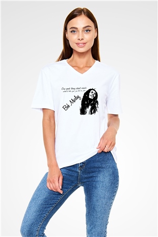 Bob Marley Beyaz Unisex V Yaka Tişört T-Shirt