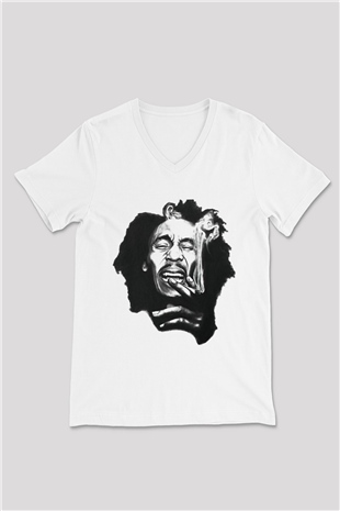 Bob Marley Beyaz Unisex V Yaka Tişört T-Shirt