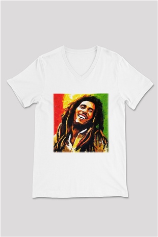 Bob Marley Beyaz Unisex V Yaka Tişört T-Shirt