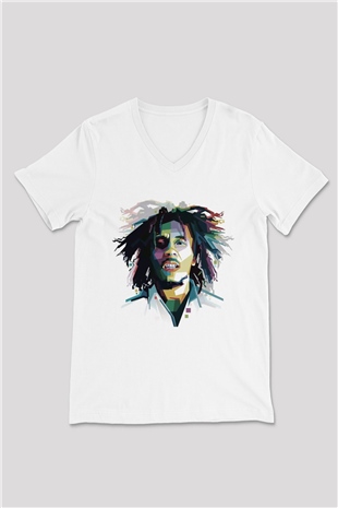 Bob Marley Beyaz Unisex V Yaka Tişört