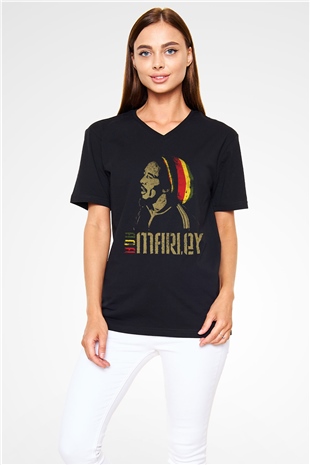 Bob Marley Siyah Unisex V Yaka Tişört T-Shirt