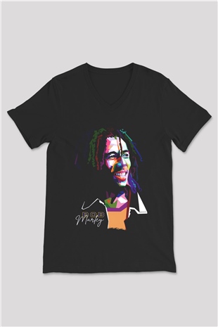 Bob Marley Siyah Unisex V Yaka Tişört