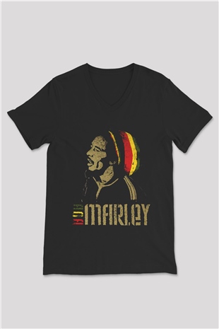 Bob Marley Siyah Unisex V Yaka Tişört T-Shirt