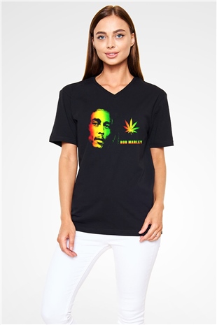 Bob Marley Siyah Unisex V Yaka Tişört T-Shirt