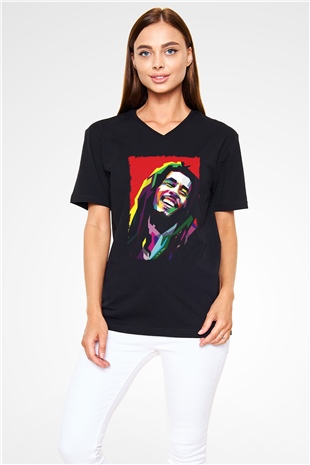 Bob Marley Siyah Unisex V Yaka Tişört