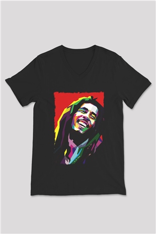 Bob Marley Siyah Unisex V Yaka Tişört
