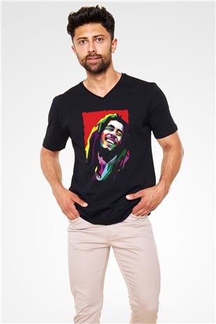 Bob Marley Siyah Unisex V Yaka Tişört