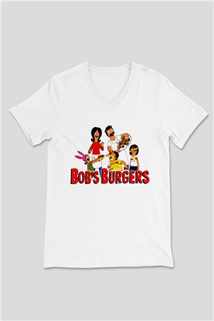 Bobs Burgers Beyaz Unisex V Yaka Tişört