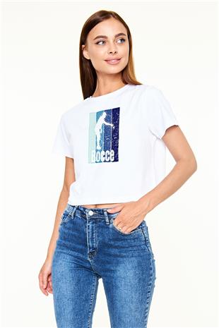 Bocce Baskılı Crop Top Beyaz Tişört - T-shirt