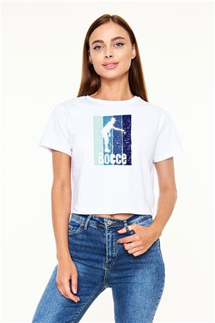 Bocce Baskılı Crop Top Beyaz Tişört - T-shirt