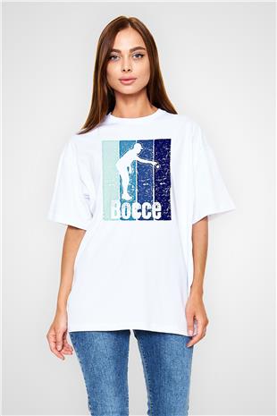 Bocce Baskılı Unisex Beyaz Oversize Tişört - Tshirt