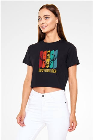 Body Builder Baskılı  Siyah  Crop Top Tişört