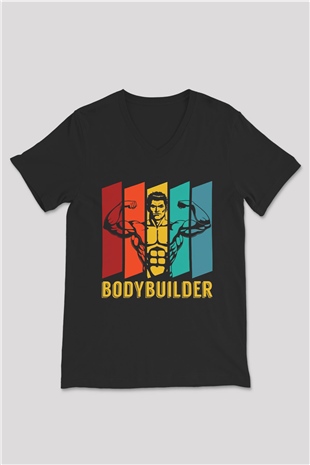 Body Builder Baskılı Unisex Siyah  V Yaka Tişört