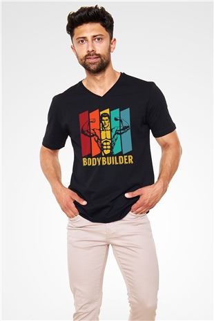 Body Builder Baskılı Unisex Siyah  V Yaka Tişört