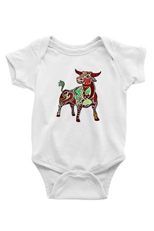 Boğa Burcu Baskılı Beyaz Unisex Bebek Body - Zıbın