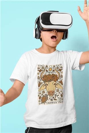 Boğa Burcu Baskılı Beyaz Unisex Beyaz Çocuk Tişört - Tshirt