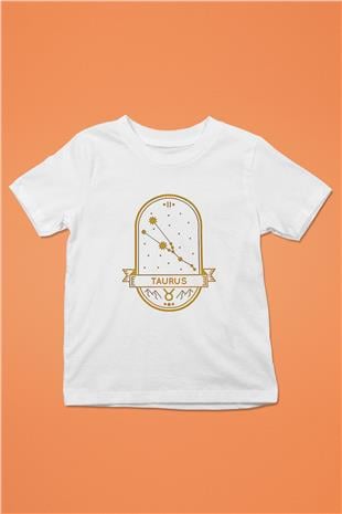 Boğa Burcu Baskılı Beyaz Unisex Beyaz Çocuk Tişört - Tshirt