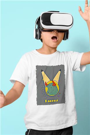 Boğa Burcu Baskılı Beyaz Unisex Beyaz Çocuk Tişört - Tshirt