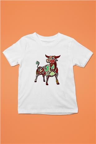 Boğa Burcu Baskılı Beyaz Unisex Beyaz Çocuk Tişört - Tshirt