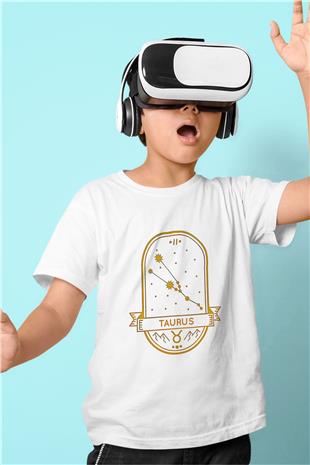 Boğa Burcu Baskılı Beyaz Unisex Beyaz Çocuk Tişört - Tshirt
