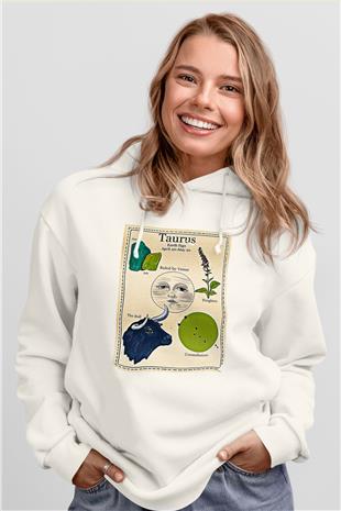 Boğa Burcu Baskılı Beyaz Unisex Hoodie