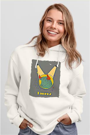 Boğa Burcu Baskılı Beyaz Unisex Hoodie