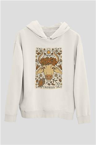 Boğa Burcu Baskılı Beyaz Unisex Hoodie