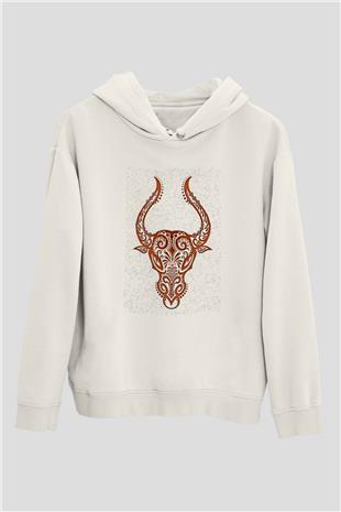 Boğa Burcu Baskılı Beyaz Unisex Hoodie
