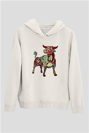 Boğa Burcu Baskılı Beyaz Unisex Hoodie
