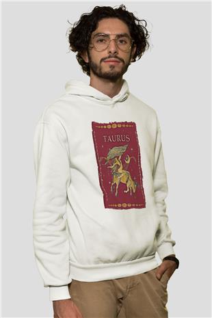 Boğa Burcu Baskılı Beyaz Unisex Hoodie
