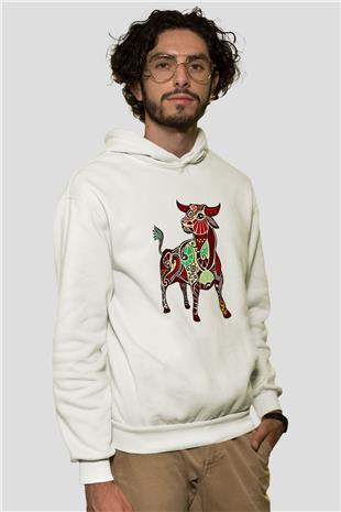 Boğa Burcu Baskılı Beyaz Unisex Hoodie