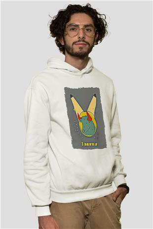 Boğa Burcu Baskılı Beyaz Unisex Hoodie