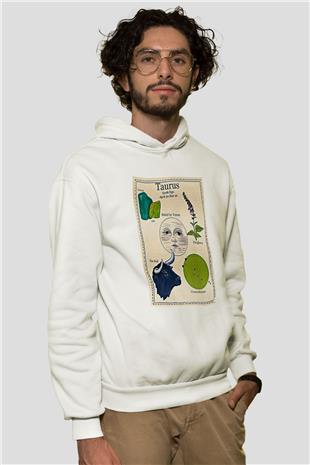 Boğa Burcu Baskılı Beyaz Unisex Hoodie