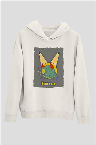 Boğa Burcu Baskılı Beyaz Unisex Hoodie