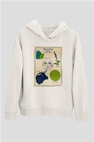 Boğa Burcu Baskılı Beyaz Unisex Hoodie