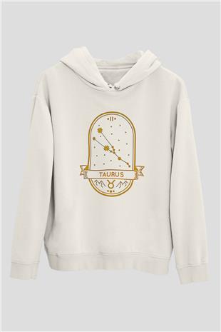 Boğa Burcu Baskılı Beyaz Unisex Hoodie