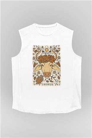 Boğa Burcu Baskılı Beyaz Unisex Kolsuz Tişört - Tshirt