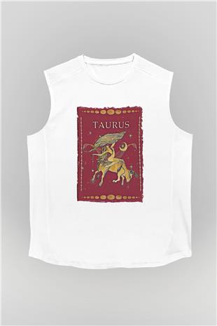 Boğa Burcu Baskılı Beyaz Unisex Kolsuz Tişört - Tshirt