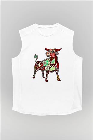 Boğa Burcu Baskılı Beyaz Unisex Kolsuz Tişört - Tshirt