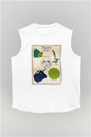 Boğa Burcu Baskılı Beyaz Unisex Kolsuz Tişört - Tshirt