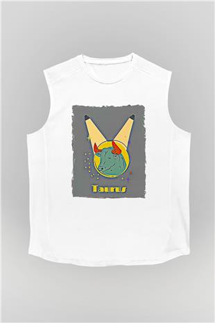 Boğa Burcu Baskılı Beyaz Unisex Kolsuz Tişört - Tshirt