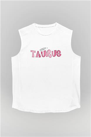 Boğa Burcu Baskılı Beyaz Unisex Kolsuz Tişört - Tshirt