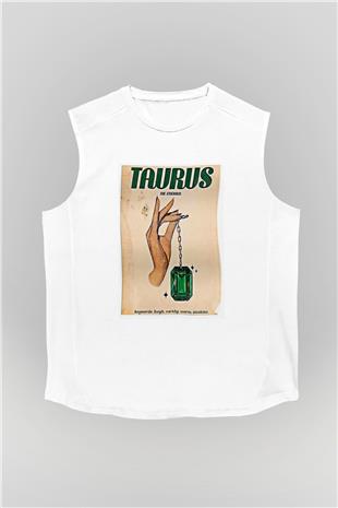 Boğa Burcu Baskılı Beyaz Unisex Kolsuz Tişört - Tshirt
