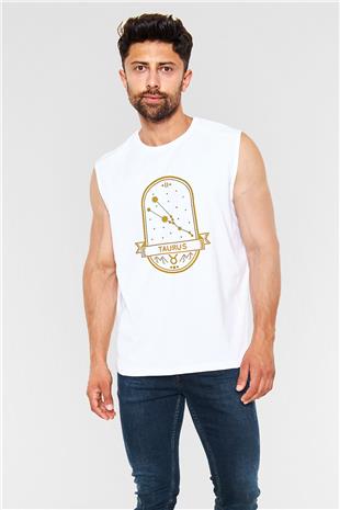 Boğa Burcu Baskılı Beyaz Unisex Kolsuz Tişört - Tshirt