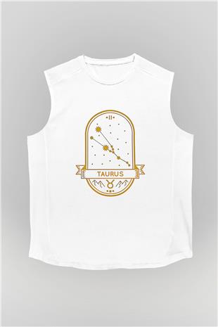 Boğa Burcu Baskılı Beyaz Unisex Kolsuz Tişört - Tshirt