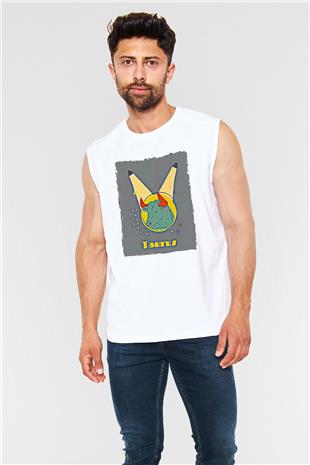 Boğa Burcu Baskılı Beyaz Unisex Kolsuz Tişört - Tshirt