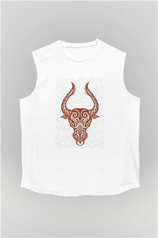Boğa Burcu Baskılı Beyaz Unisex Kolsuz Tişört - Tshirt